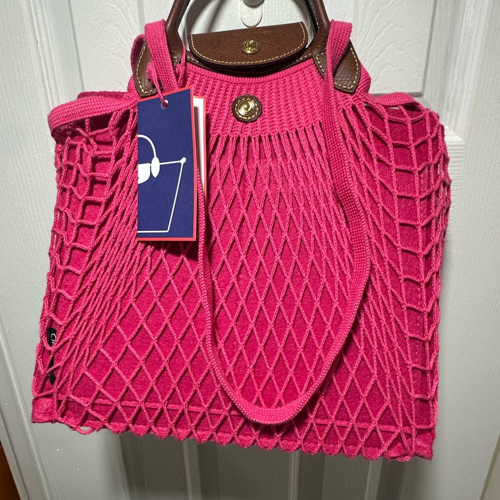 Longchamp Filet Bag Pink Mesh Tote with Brown Accents comes with Organizer